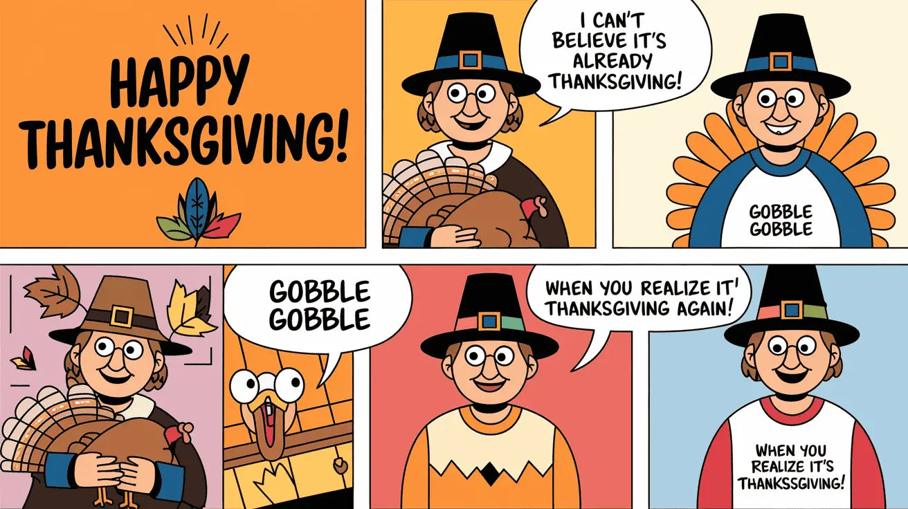 A comic strip illustrating the evolution of funny Thanksgiving shirt humor. The first panel has a pilgrim holding a turkey and saying "Happy Thanksgiving!" The second panel has a pilgrim wearing a modern shirt with the text "I can't believe