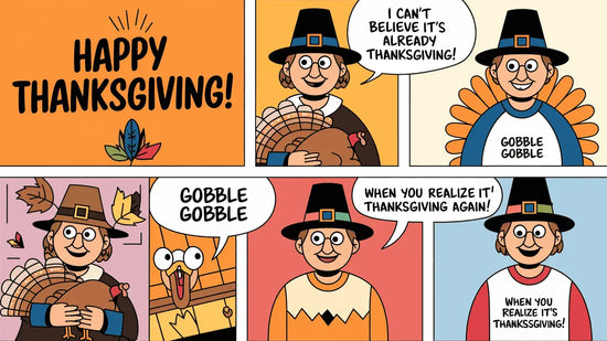 A comic strip illustrating the evolution of funny Thanksgiving shirt humor. The first panel has a pilgrim holding a turkey and saying "Happy Thanksgiving!" The second panel has a pilgrim wearing a modern shirt with the text "I can't believe