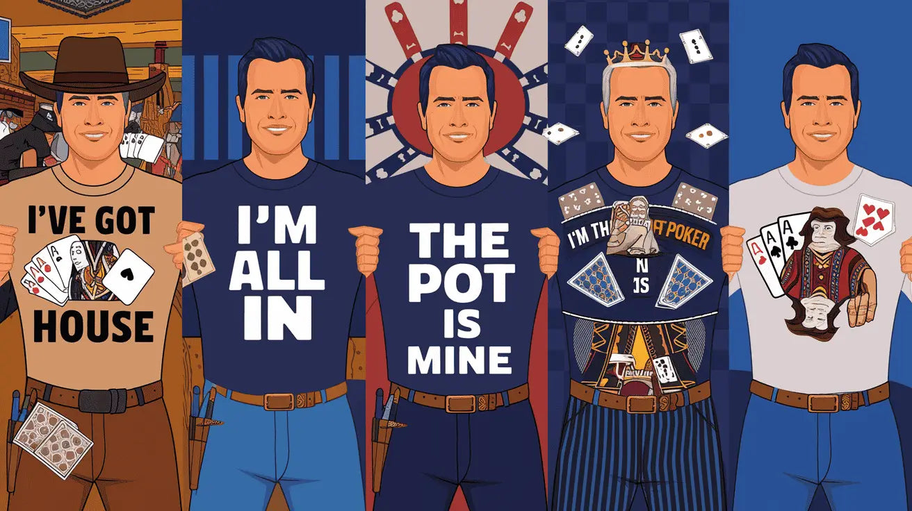 An illustration of the evolution of poker shirts. The first image is a man in a saloon with a shirt that says "I've got a full house". The second image is a man with a shirt that says "I'm all in". The third image is a man with a shirt that says "The pot 