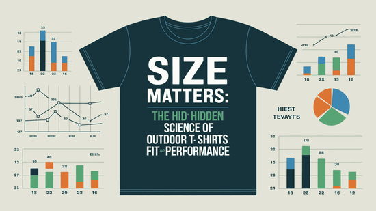 An illustration of a shirt with the text 'Size Matters: The Hidden Science of Outdoor T Shirts Fit and Performance'. There are graphs and charts around the shirt.