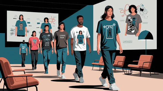 An illustration of a fashion show with models wearing AI-generated streetwear t-shirt designs. The models are walking on a runway. There is a large screen behind the models displaying the AI-generated designs.