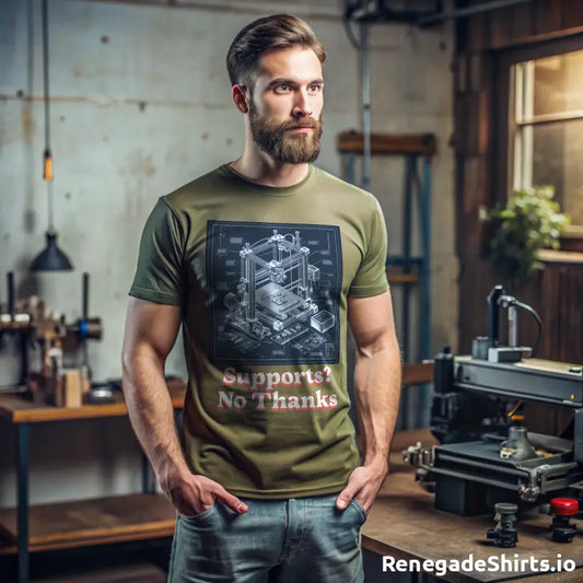 Man in a green t-shirt with geometric design for creative minds in 3D printing