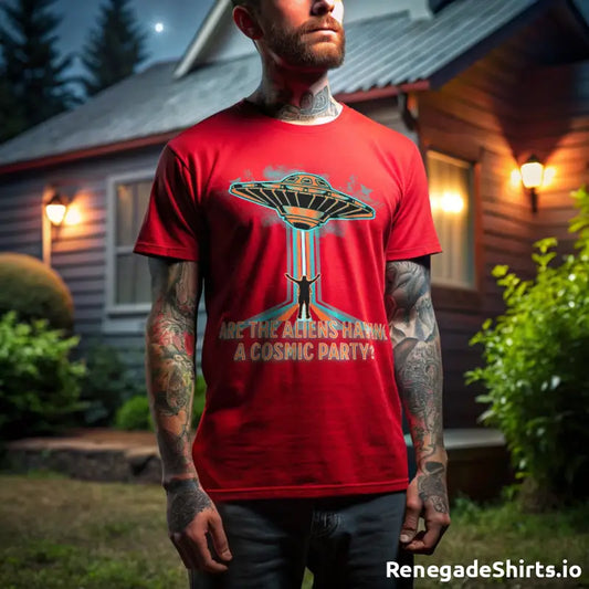 Aliens cosmic party t-shirt: Red tee with UFO design and cosmic party text about extraterrestrial life