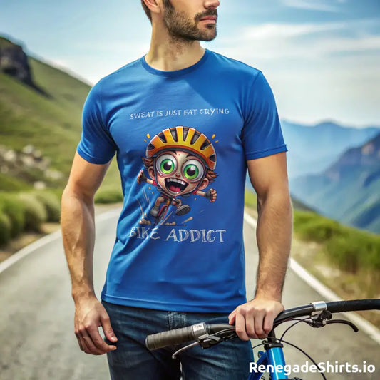 Blue Bike Addict Tshirt featuring a cartoon cyclist and bike addict slogan