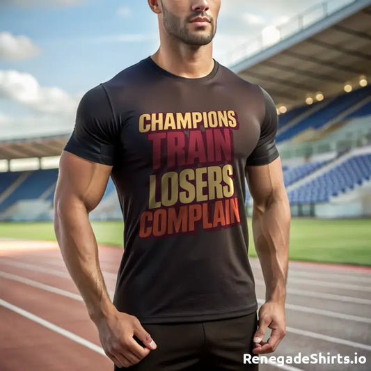 Black t-shirt featuring Champions Train Losers Complain in bold gold, red, and white