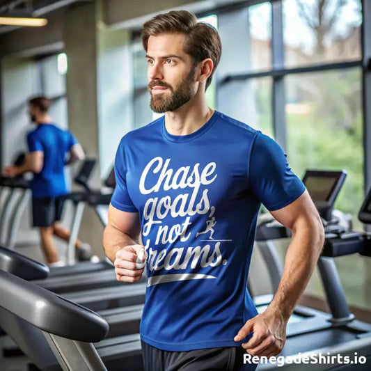 Man in blue t-shirt with motivational text in gym, Chase Goals Not Dreams Workout T-shirt