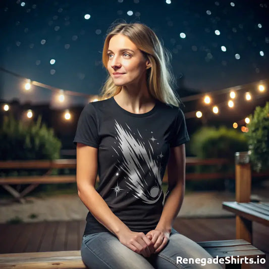 Woman in a black Comet T-Shirt featuring an abstract white comet illustration design