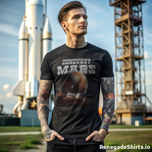 Young tattooed man wearing Conquest Mars t-shirt, perfect for science fiction fans and space exploration