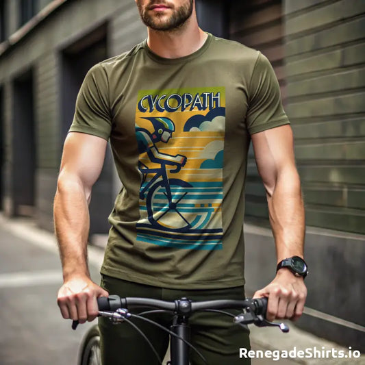 Cycopath Cycling T-shirt with a stylized cyclist and clouds design available in 2XL and 3XL sizes