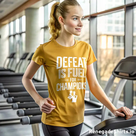 Woman wearing an inspirational shirt in a gym, featuring motivational text on fit apparel