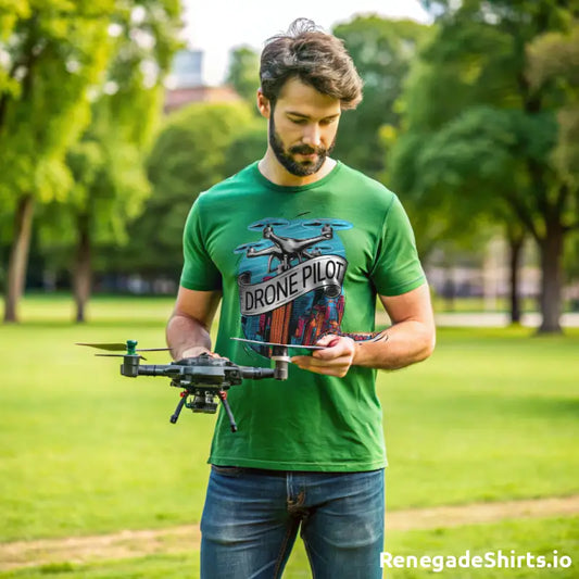 Bearded man in green Drone Pilot t-shirt holding a drone in a park setting