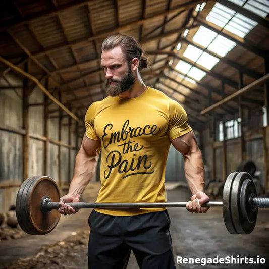 Muscular bearded man lifting barbell in Embrace the Pain power tee for gym motivation