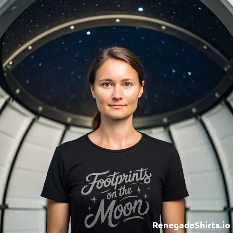 Black moon graphic shirt featuring Footprints on the Moon text and star designs