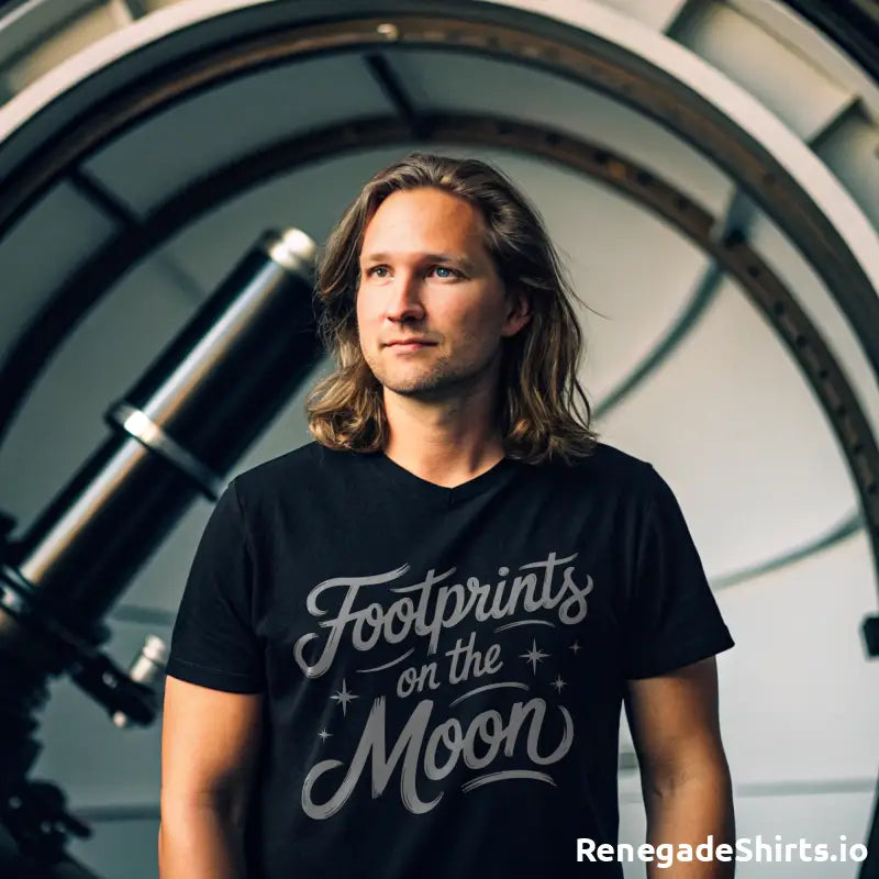 Person in black moon graphic shirt featuring Footprints on the Moon design