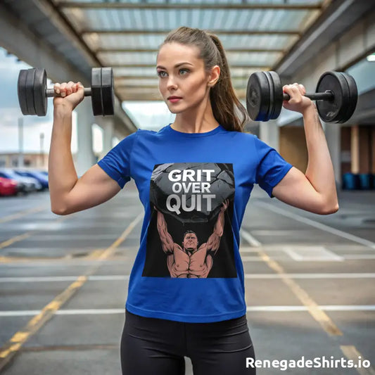 Woman lifting dumbbells in Grit Over Quit Shirt designed for gym lovers