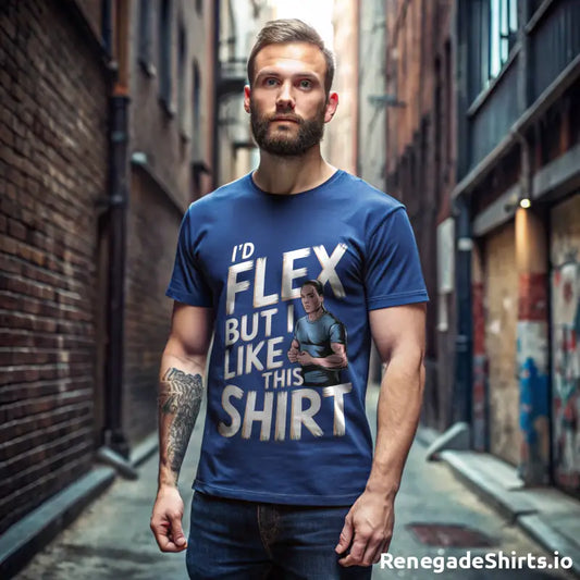 Man wearing a blue t-shirt with humorous text for gym lovers called I’d Flex but I like this Shirt