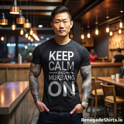 Man in black t-shirt with KEEP CALM AND MUKBANG ON, perfect food fan gift