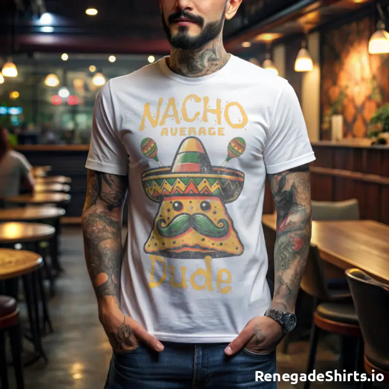 Nacho Average Dude funny t-shirt with cartoon nacho chip, sombrero, and mustache design