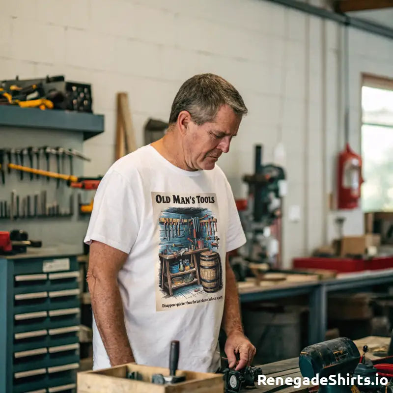 Person wearing a white Old Man’s Tools shirt working at a workbench on tools