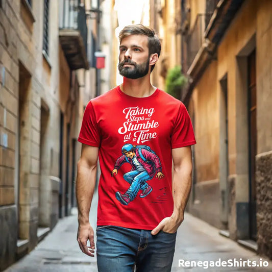 Red t-shirt with colorful graphic reading Taking Steps to Stumble in Time, a funny motivation tee