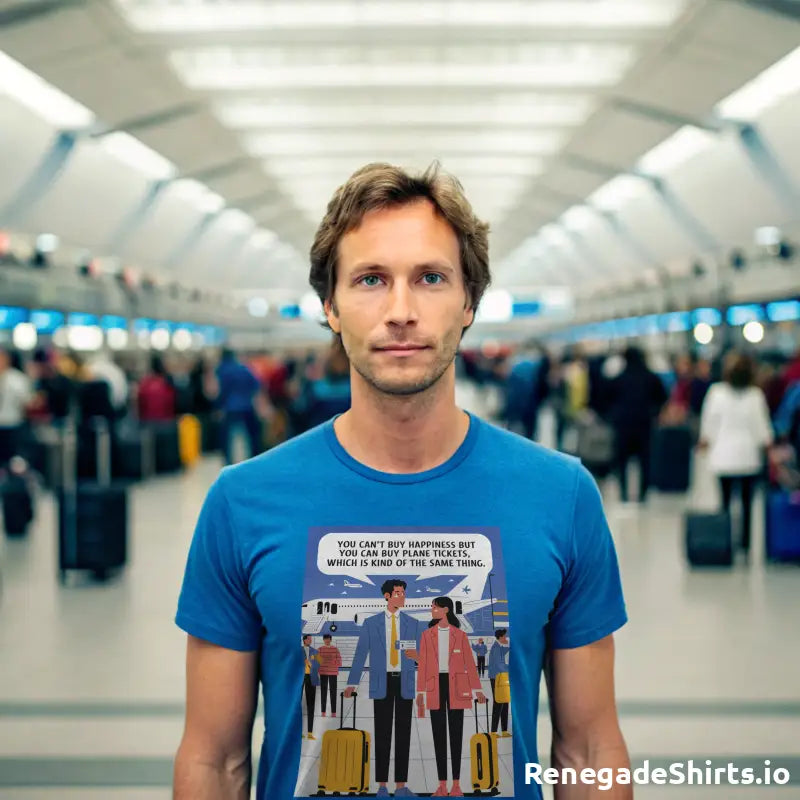 Person in a blue graphic t-shirt featuring travel design from Plane Tickets Buy Happiness Shirt