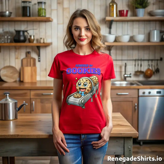 Red t-shirt featuring cartoon cookie on conveyor belt - Powered by cookies, fashion must-have