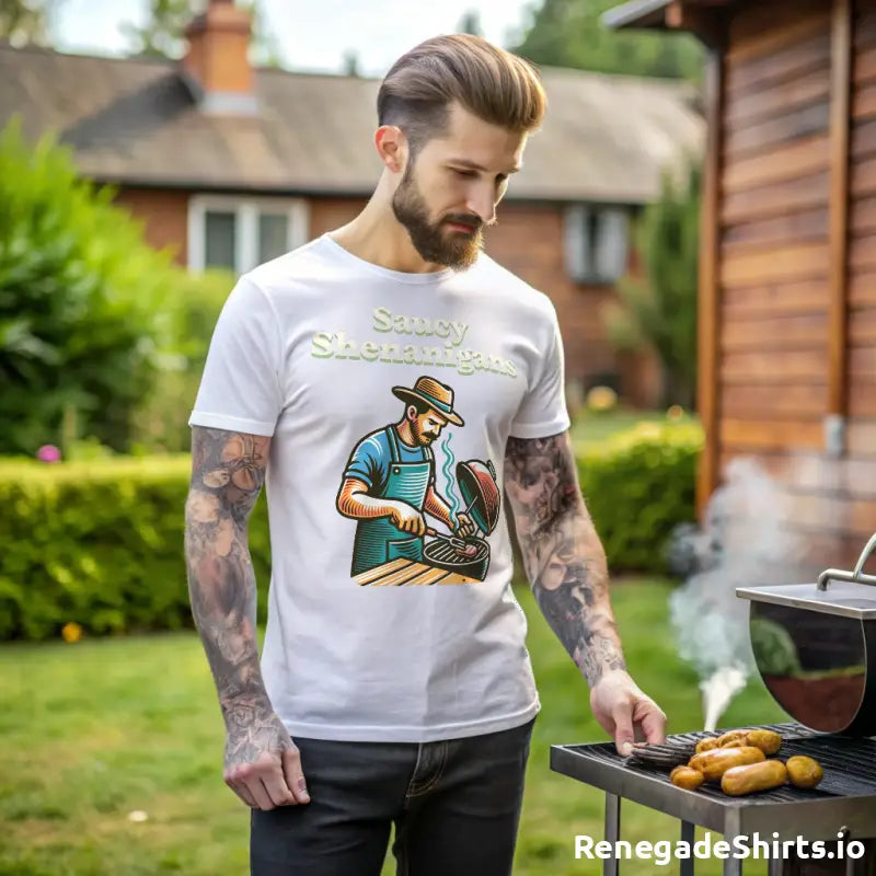 Saucy Shenanigans t-shirt with cartoon grilling graphic, perfect for BBQ fashion enthusiasts