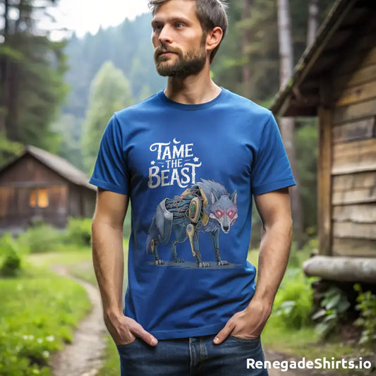 Blue Tame the Beast Tshirt featuring a robotic wolf graphic, perfect motivating gym shirt