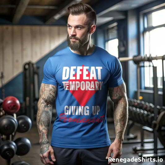 Man wearing Temporary Defeat T-shirt, blue motivational streetwear in a gym setting