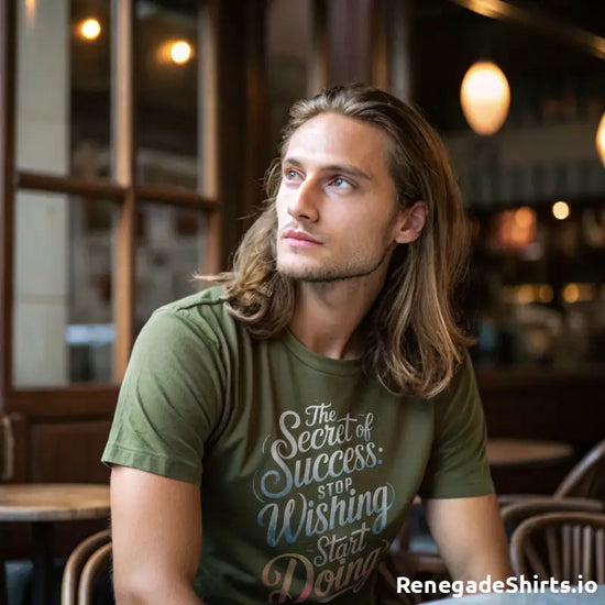 Olive green success shirt featuring motivational text for daily motivation