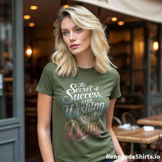 Olive green success shirt with motivational text to motivate daily in decorative typography