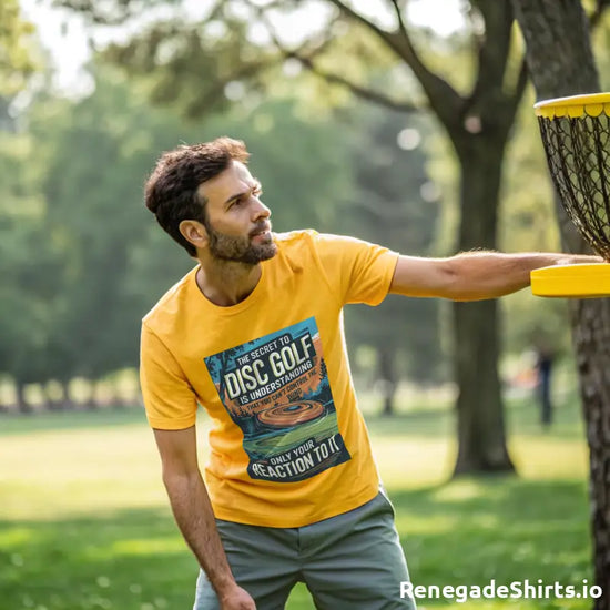 Disc golf player in yellow t-shirt showcasing The Secret to Disk Golf Shirt design