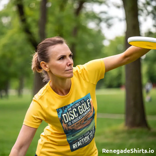 Disc golf player in a yellow disk golf shirt preparing to throw a disc