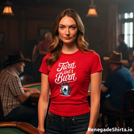 Red Turn and Burn poker shirt with graphic design for stylish poker card playing