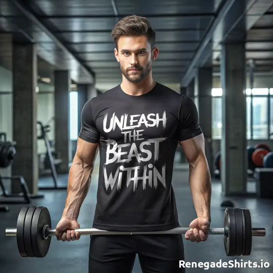 Muscular man in inspirational shirt lifting barbell in gym, showcasing athletic apparel