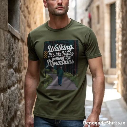 Green mountains shirt with a graphic design for casual outdoor enthusiasts and humor tees