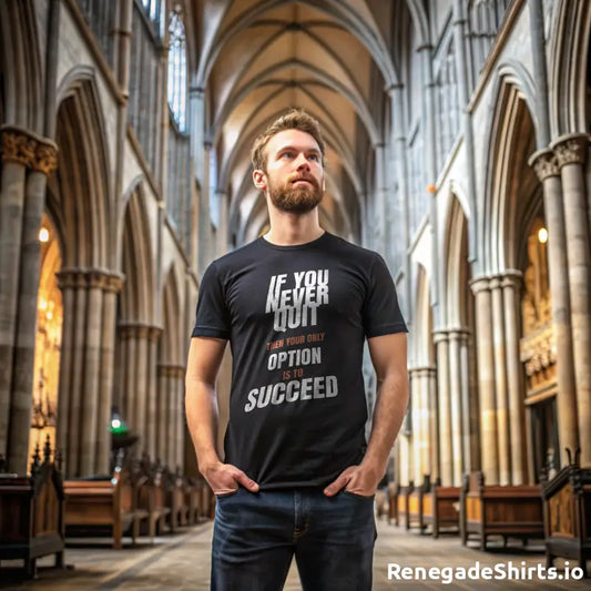 Man wearing a positive mindset tee inside a cathedral with motivational text